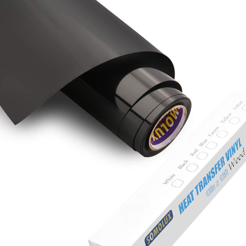 SOMOLUX HTV Iron on Vinyl 12inch x12feet Roll Easy to Cut & Weed Heat Transfer Vinyl DIY Design for T-Shirts Glossy Black - Image 1
